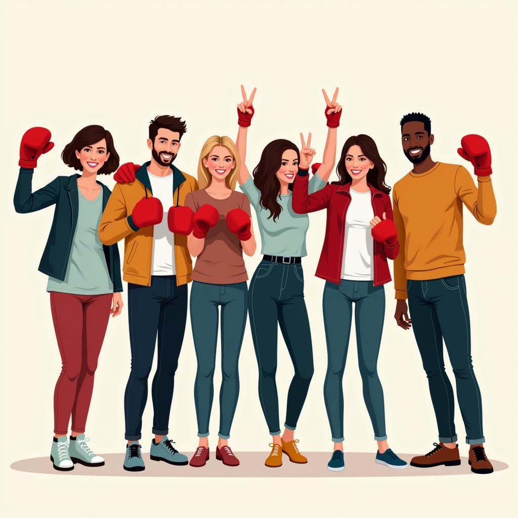 People of diverse backgrounds forming a peace sign with their boxing glove-clad hands.