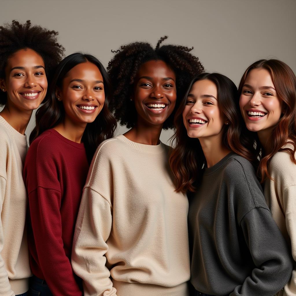 People of diverse backgrounds wearing Babaton Society sweaters, laughing together.