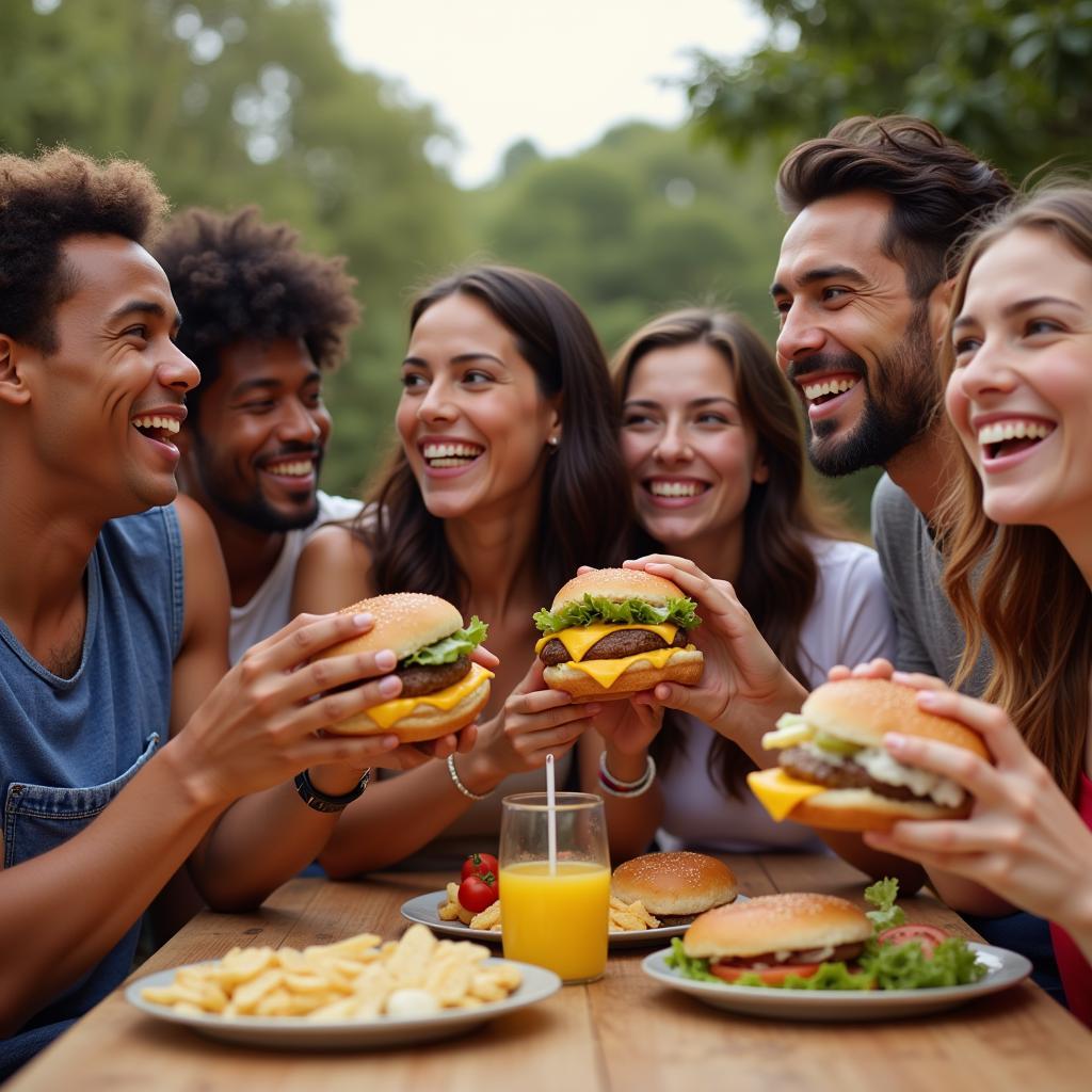 People Sharing Burgers and Laughing