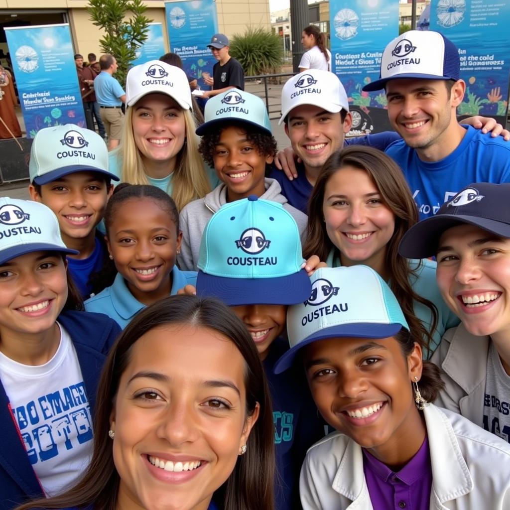 A group of people wearing Cousteau Society hats at an ocean conservation event