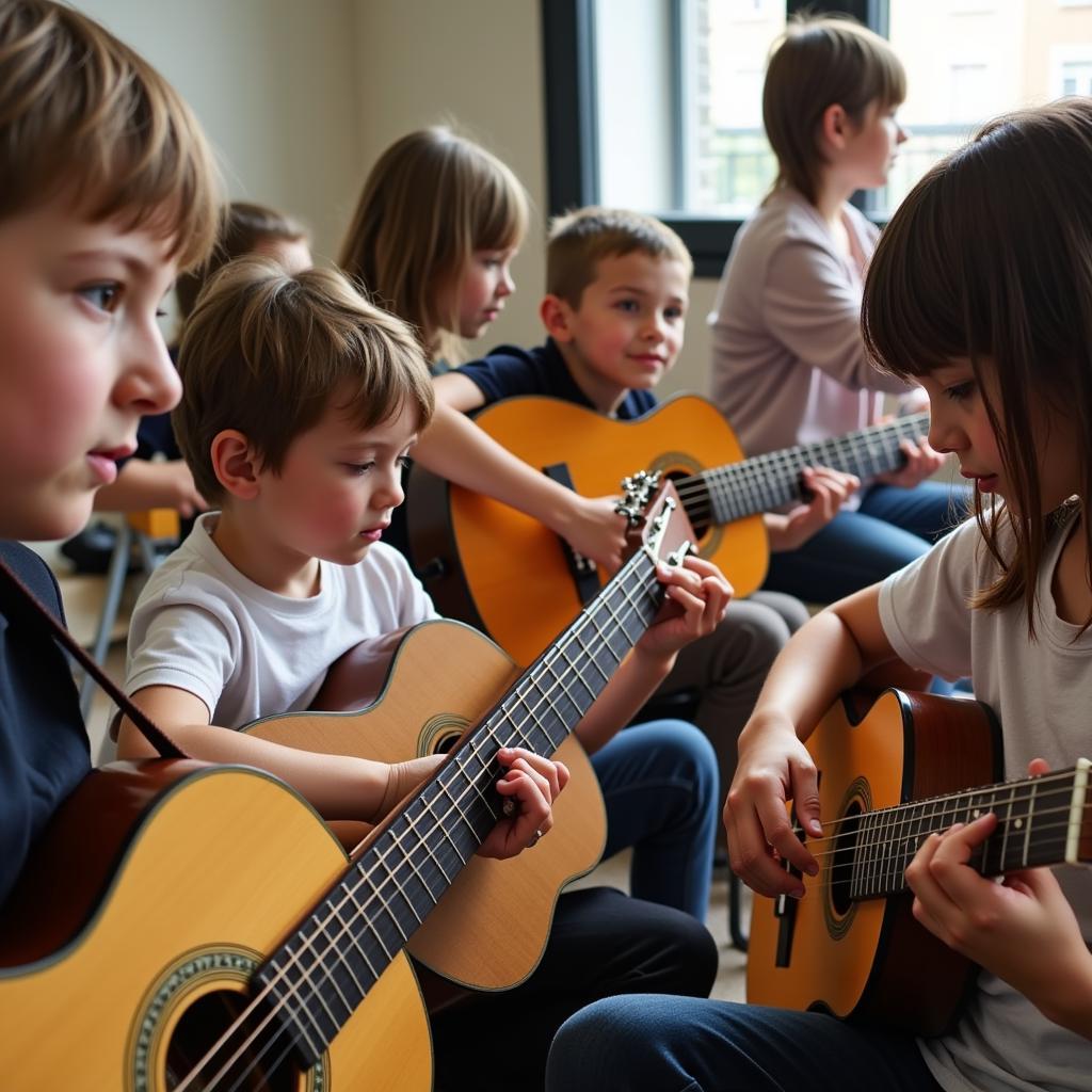 A diverse group of students engage in a guitar workshop, their faces reflecting concentration and passion.