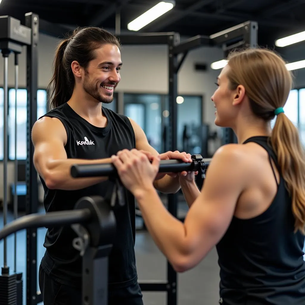 A personal trainer guiding a member during a workout session at Philadelphia Sports Club Society Hill