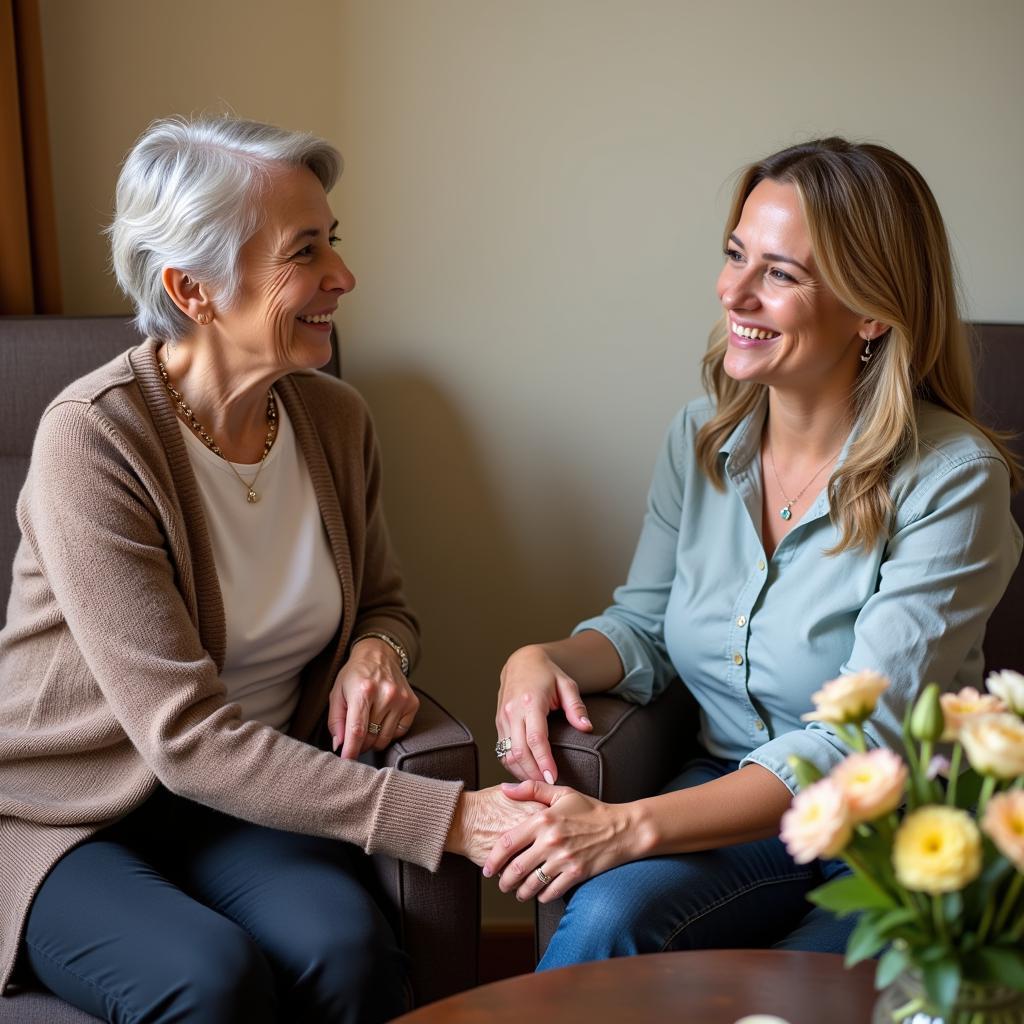 A member of the Greek Orthodox Ladies Philoptochos Society visits with an elderly woman in her home