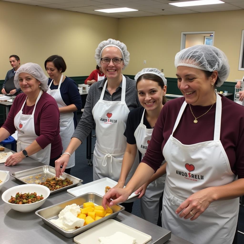 Volunteers from the Greek Orthodox Ladies Philoptochos Society prepare meals for a local homeless shelter