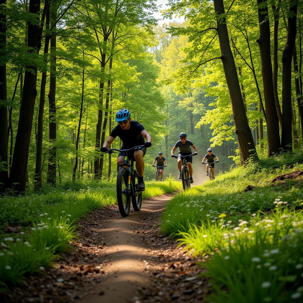 Riders Navigating a Lush Piedmont Forest Trail