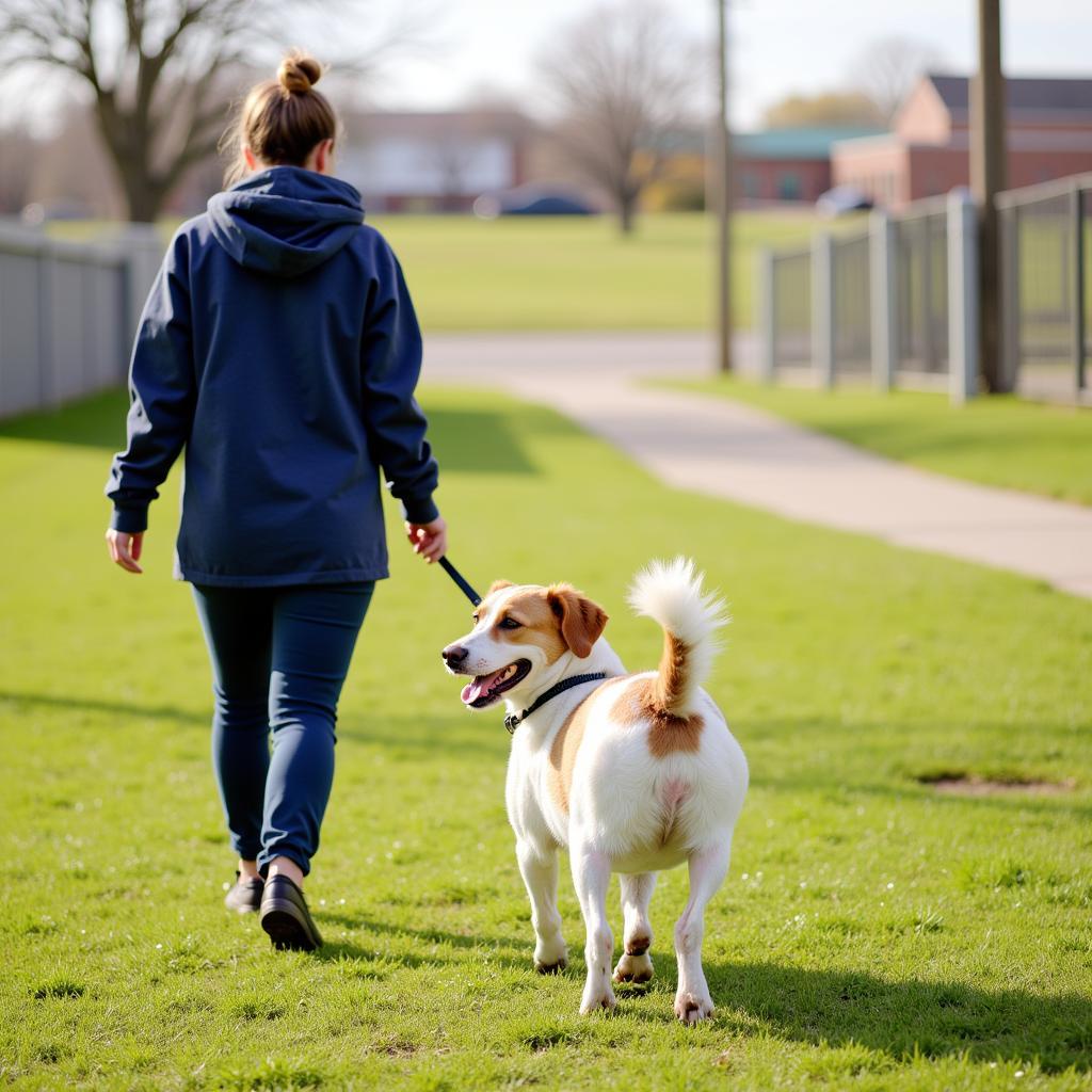 Volunteer walking a dog at the Pierre Humane Society