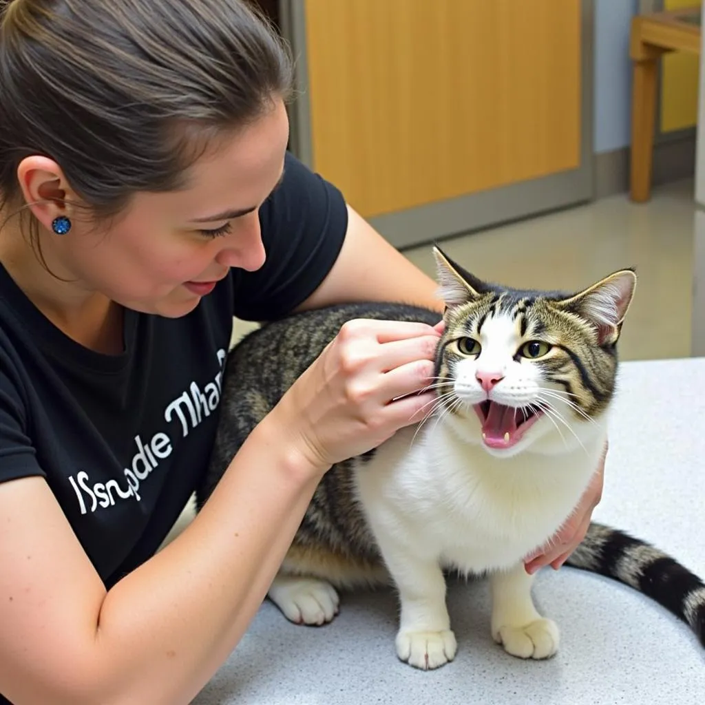 Volunteer cuddling with a cat at the Pittsford Humane Society