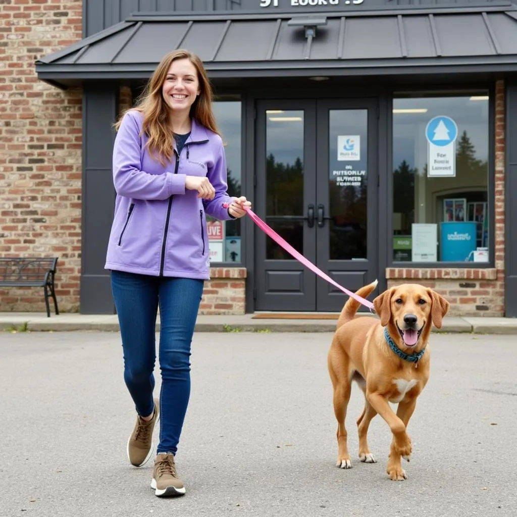 Volunteer walking a dog at the Pittsford Humane Society