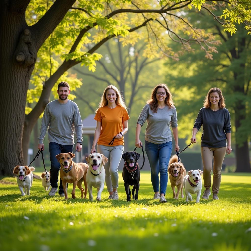 Plano Humane Society Volunteers walking dogs in a park.