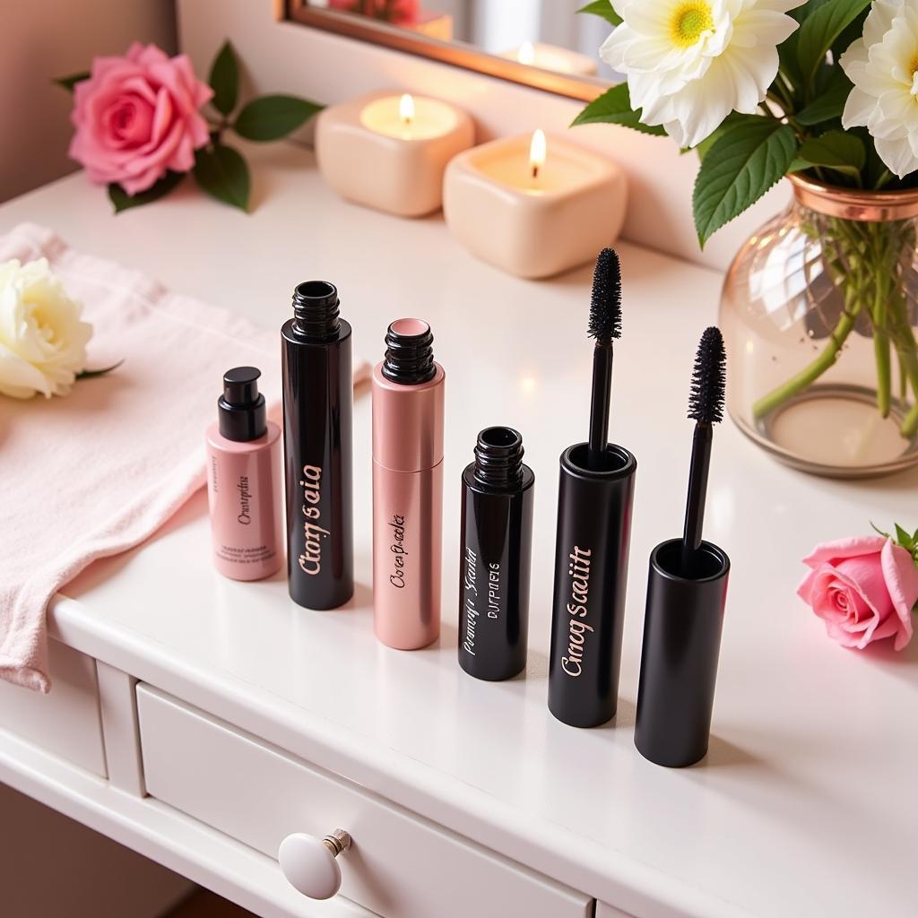 The full range of Polite Society mascaras displayed on a vanity table.