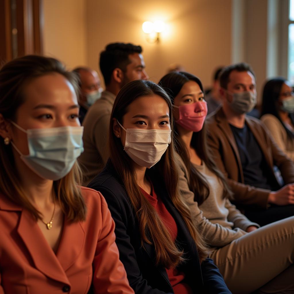 People hiding behind masks with polite smiles