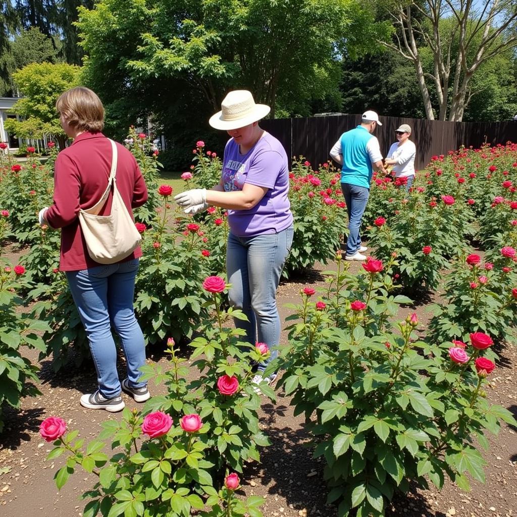 Volunteers from the Portland Rose Society tending to a community rose garden.