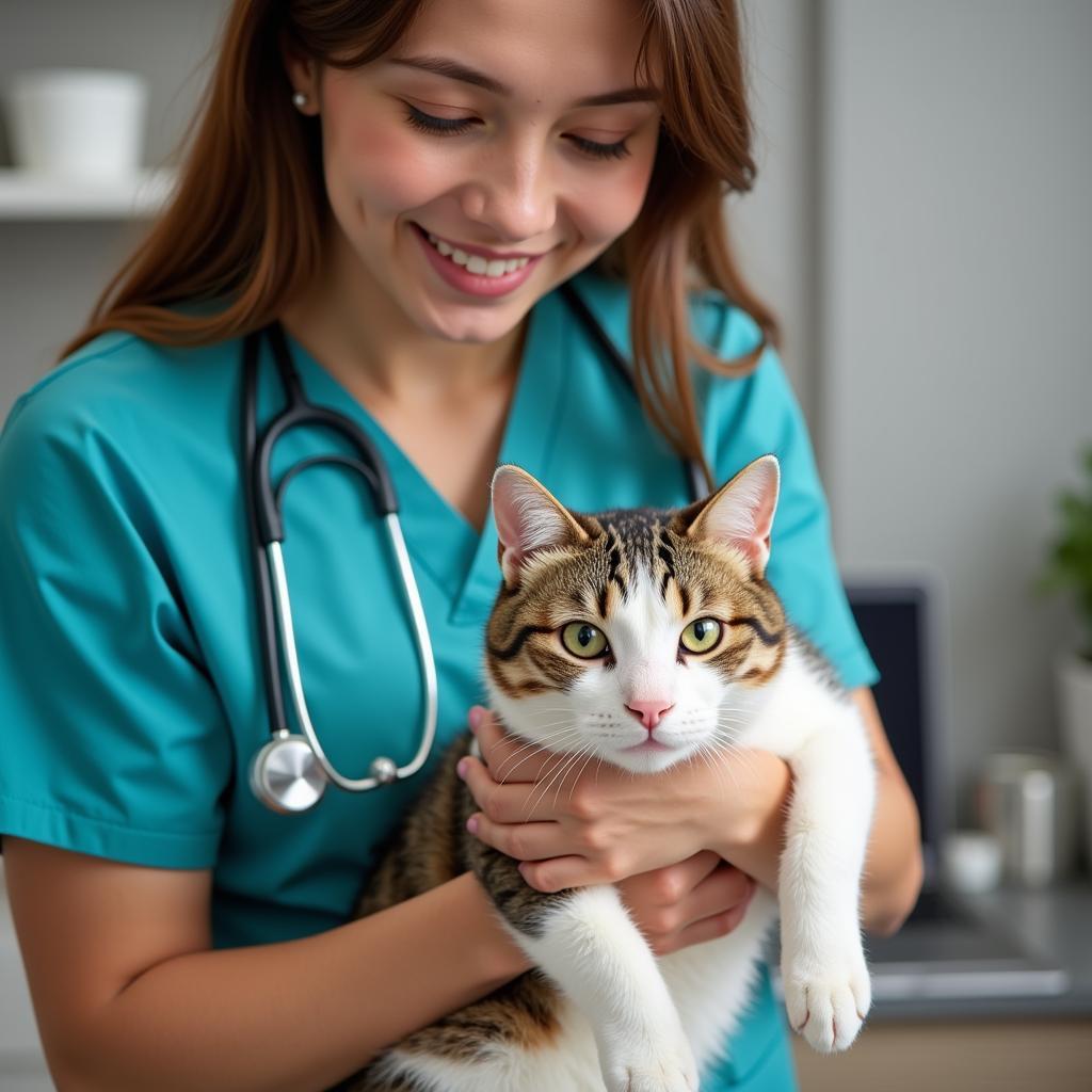 Veterinary Technician Comforting Cat After Surgery