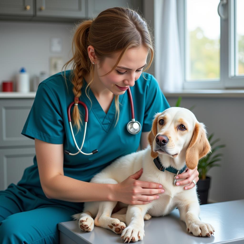 Veterinary technician comforting a pet after surgery.