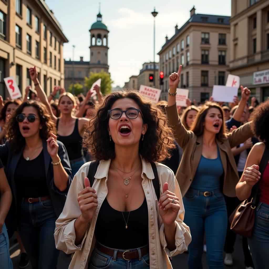 A large crowd of people holding signs and banners, marching together for a common cause.