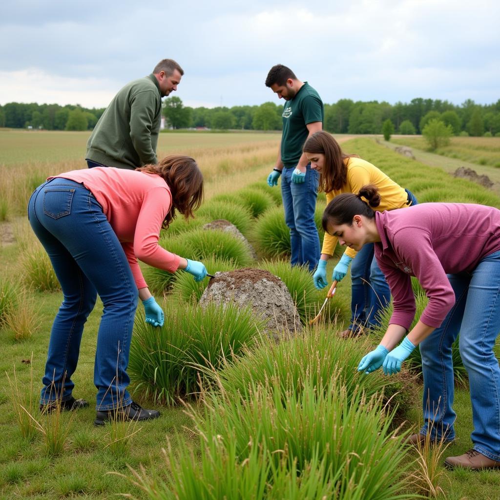 Volunteers planting native species in a prairie restoration project