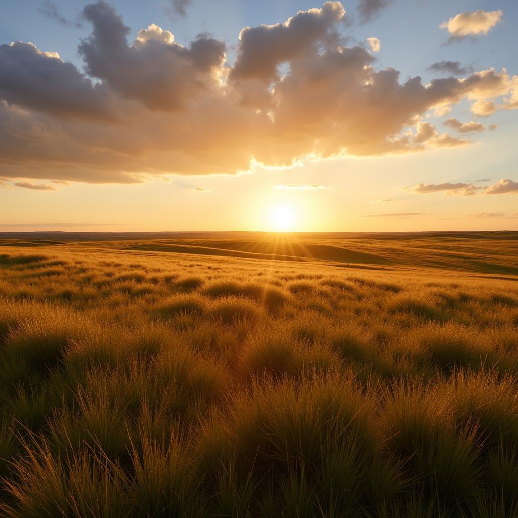 Sunset over a vast prairie grassland