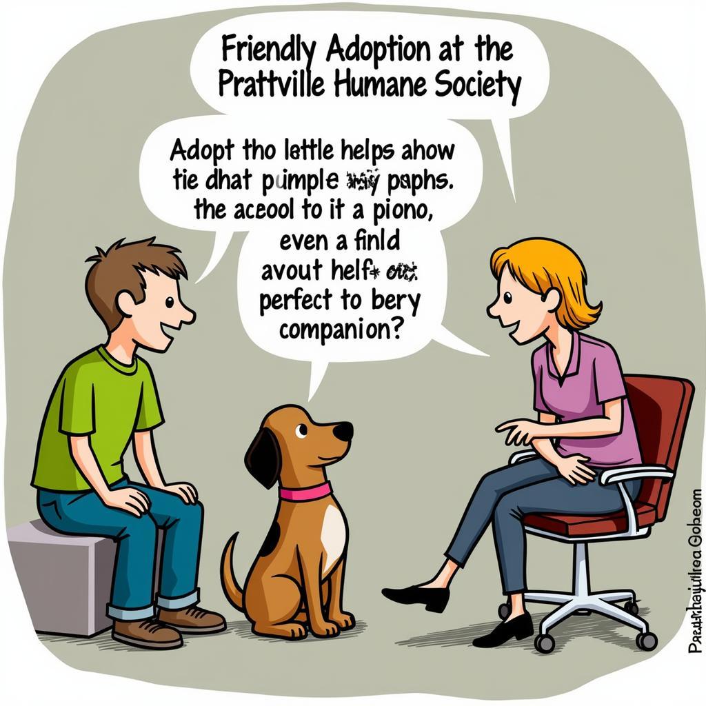 An adoption counselor interacting with a family and a dog