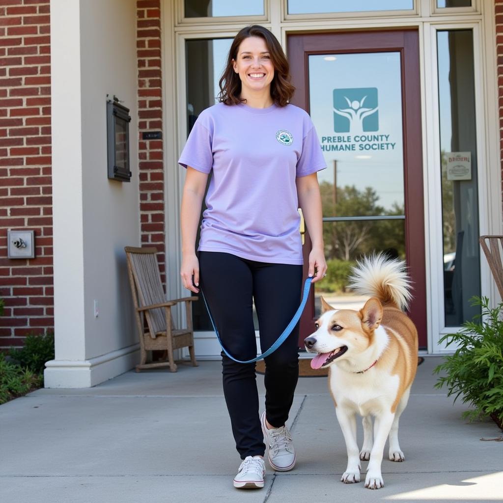 A volunteer walks a happy dog outside the Preble County Humane Society 