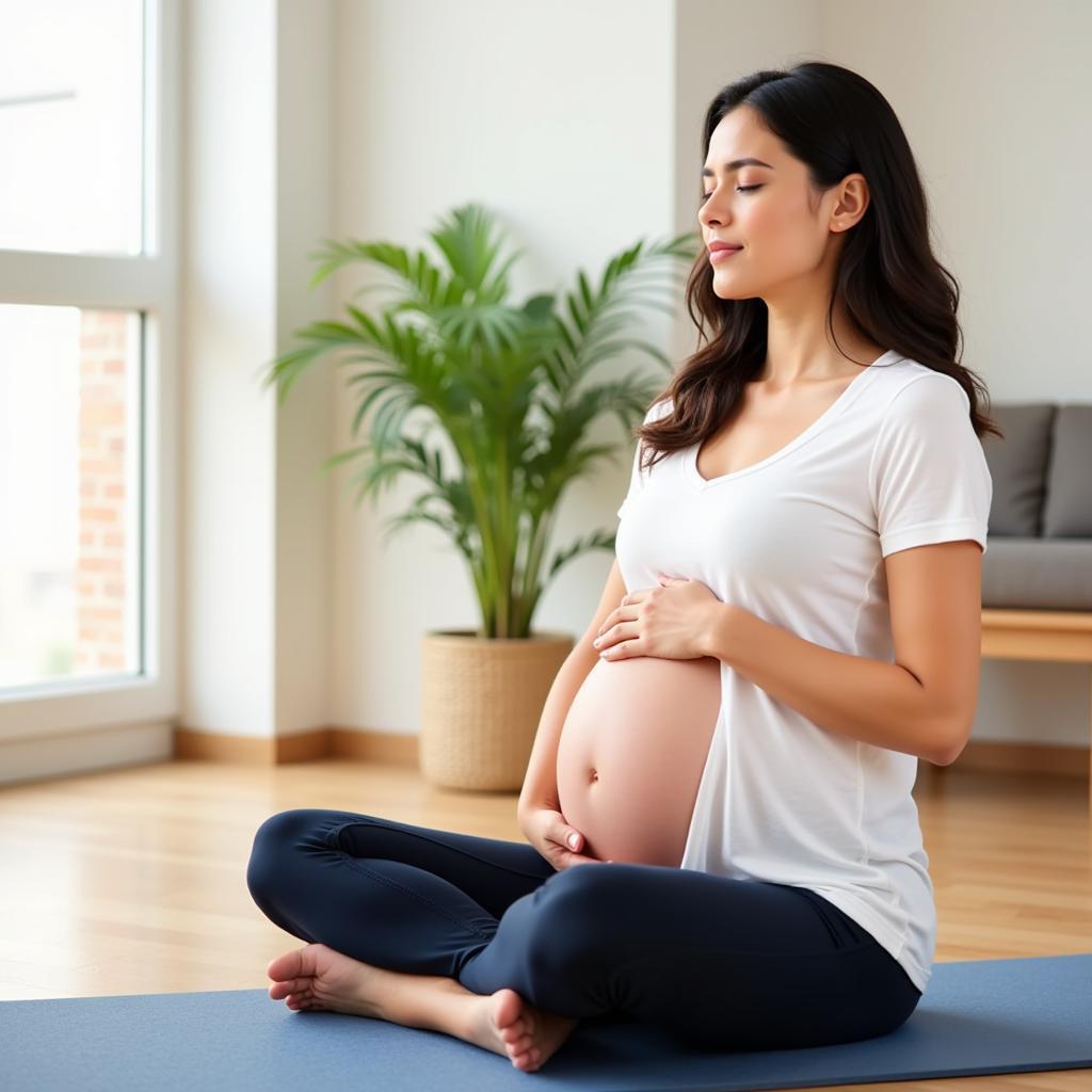 A pregnant woman practicing meditation during her Sculpt Society Prenatal session