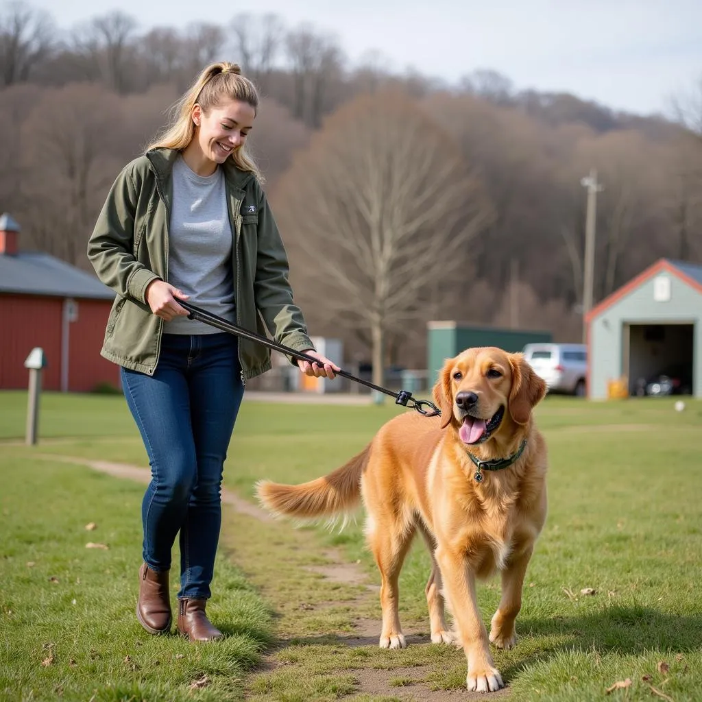 Volunteer walking a dog at the Presque Isle Humane Society 