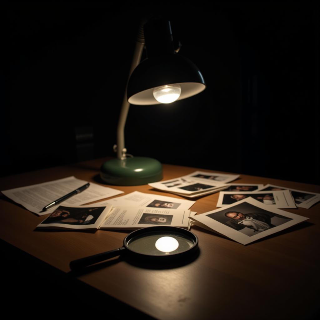 A private investigator meticulously examining evidence in their dimly lit office.