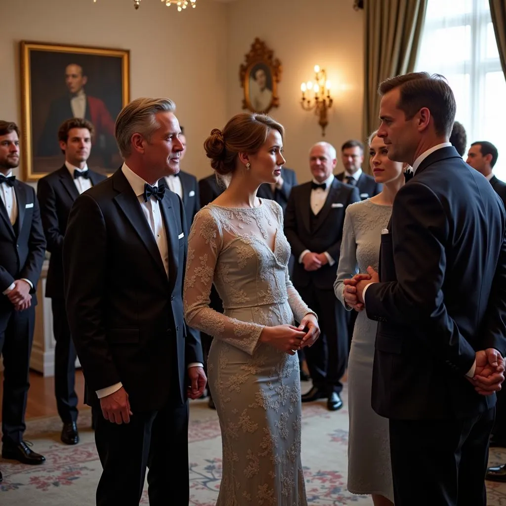 Members of a private society gathering for a meeting, dressed in formal attire.