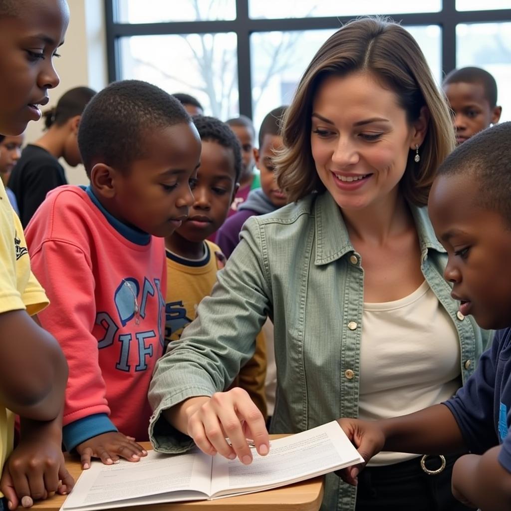 A woman, elegantly dressed, interacting with children at a community center, seemingly involved in a reading program