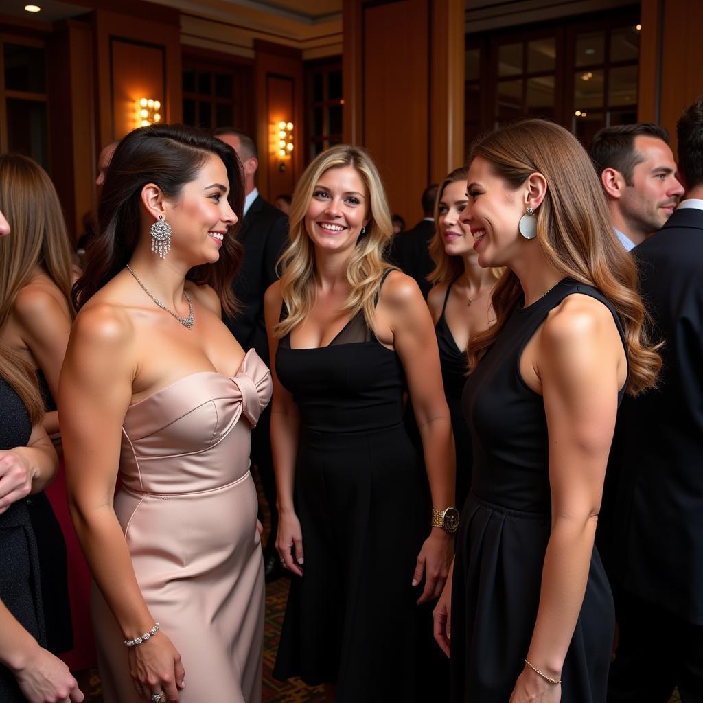 Women in elegant attire at a charity gala, engaging in conversation