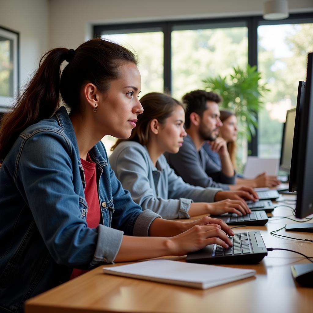 A diverse group of people learning computer skills together