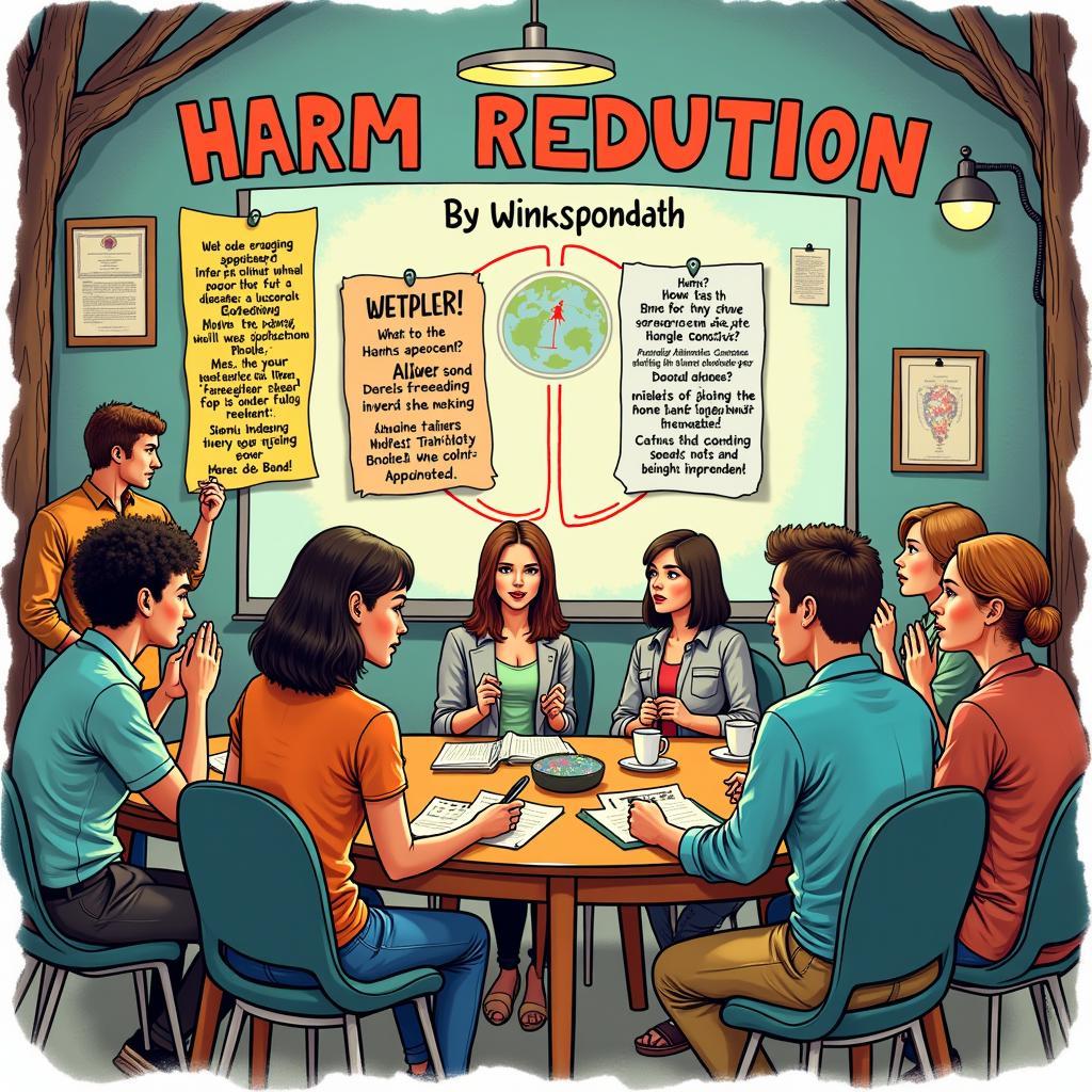 Individuals gathered around a table with pamphlets and informational materials, listening attentively to a speaker discussing harm reduction practices.