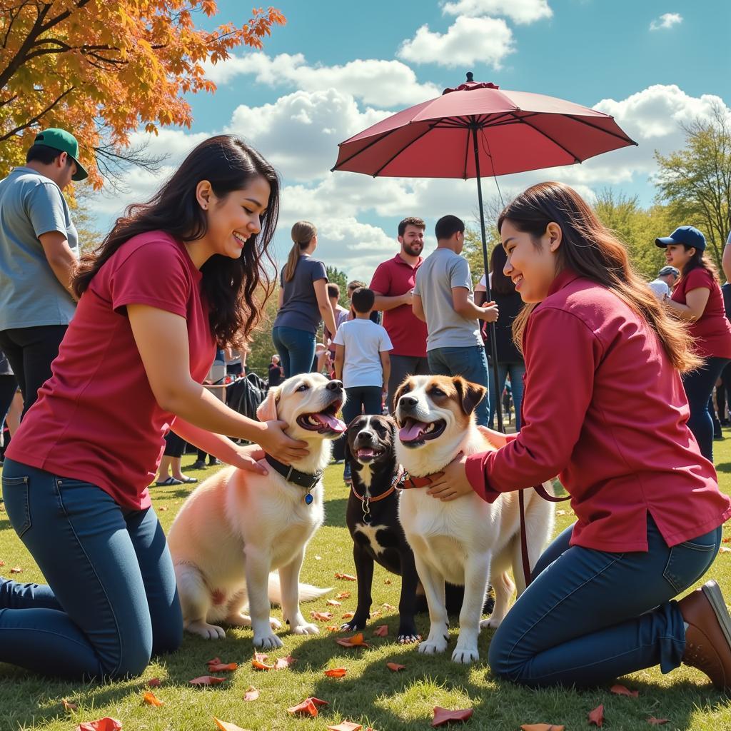 Smiling volunteers at a PCHS adoption event, holding adorable dogs and cats.