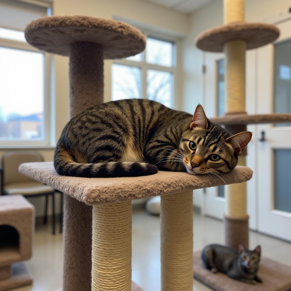 A cat relaxing in a cat tree at Puppyland Humane Society