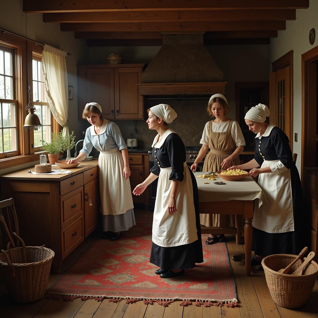 Puritan women engaged in domestic chores