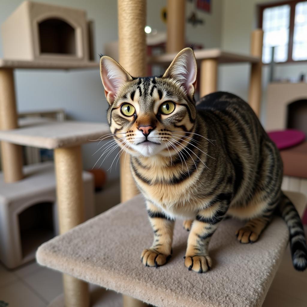 A cat relaxes in a cat tree at the Connecticut Humane Society Quaker Hill