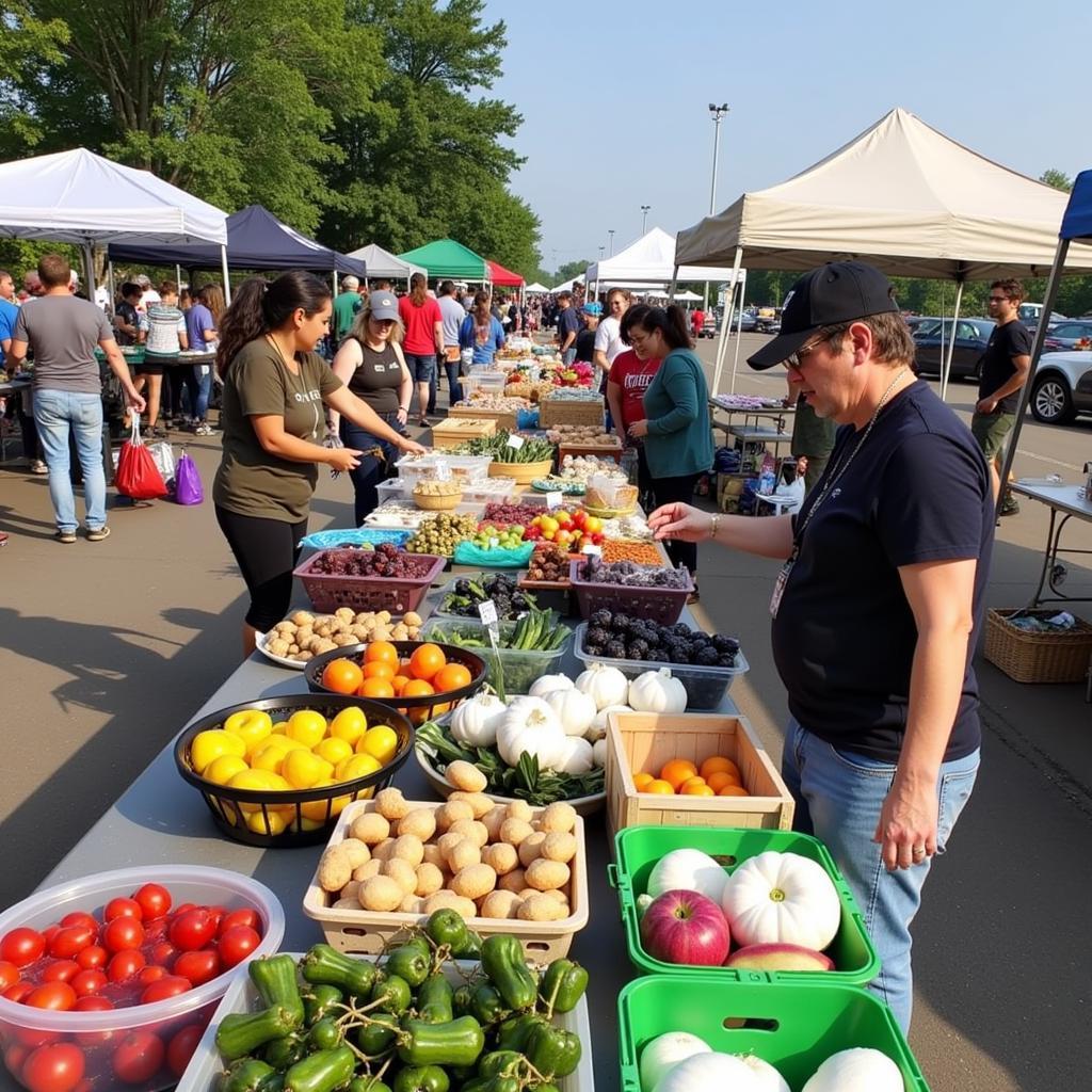 Bustling Racine County Farmers Market with vendors selling fresh produce and local goods