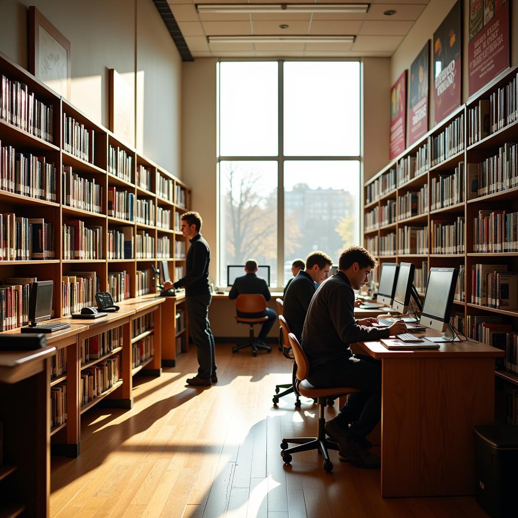 Spacious interior of Racine Public Library with visitors browsing bookshelves and using computers