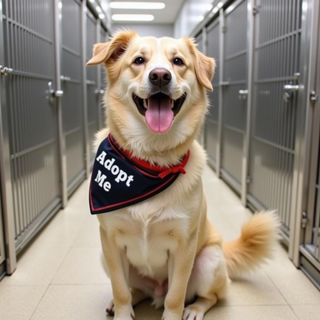 Smiling dog with adoption bandana at Rancho Coastal Humane Society