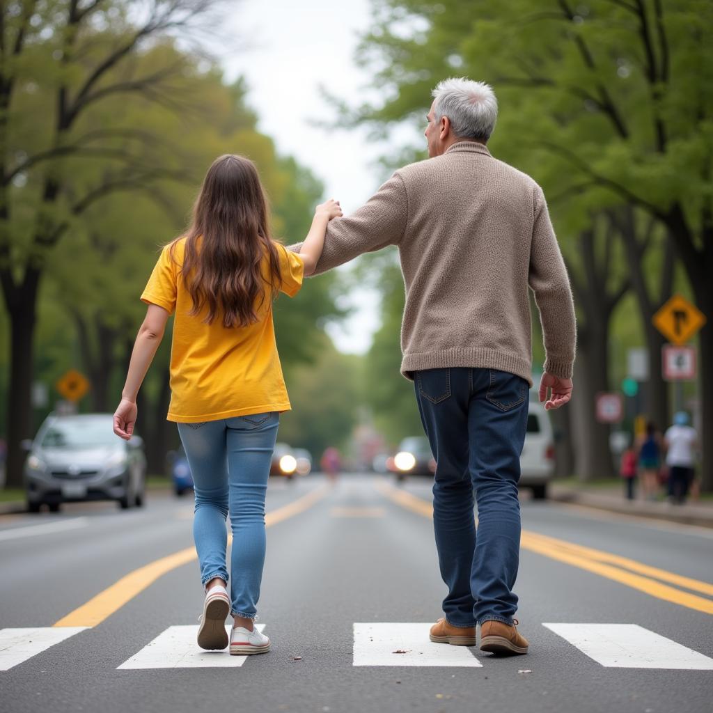 A person helping an elderly individual cross the street