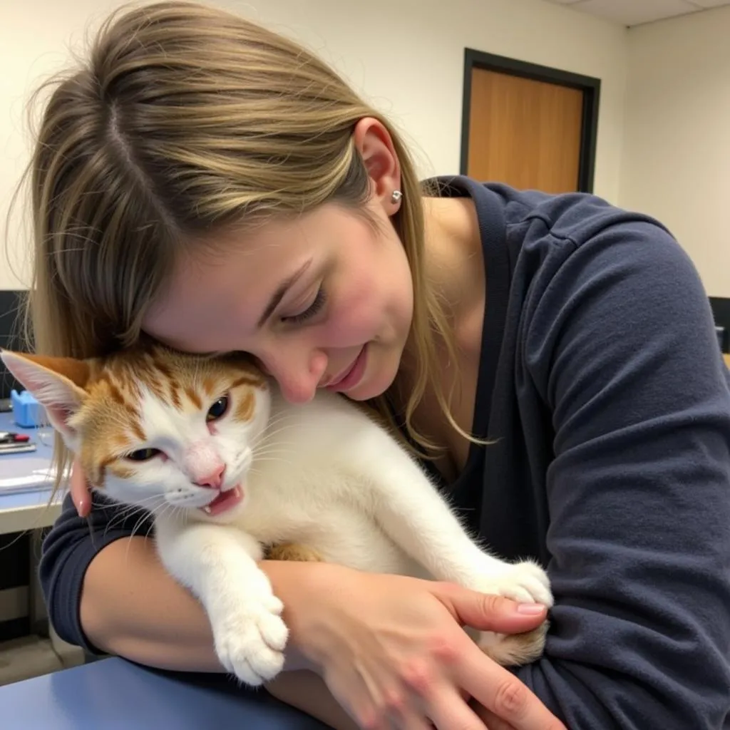 Volunteer cuddling a cat at RCHS