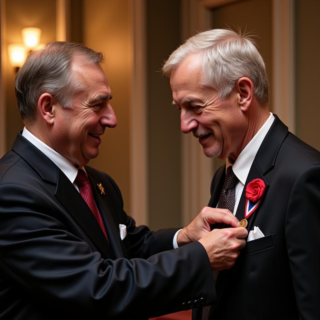 A recipient receiving a society medal