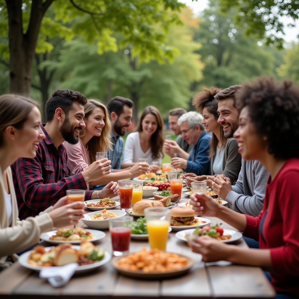 People gathering for a neighborhood potluck