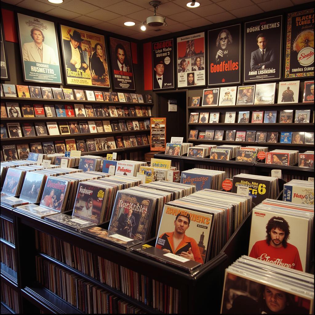 A record store display showcasing CDs and Mafia-themed movie posters