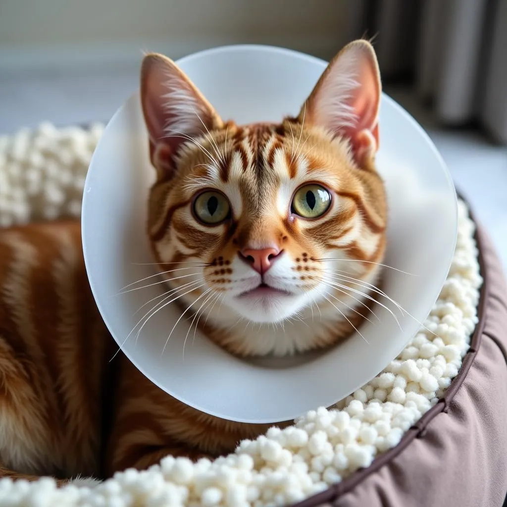 Cat recovering from surgery with a cone