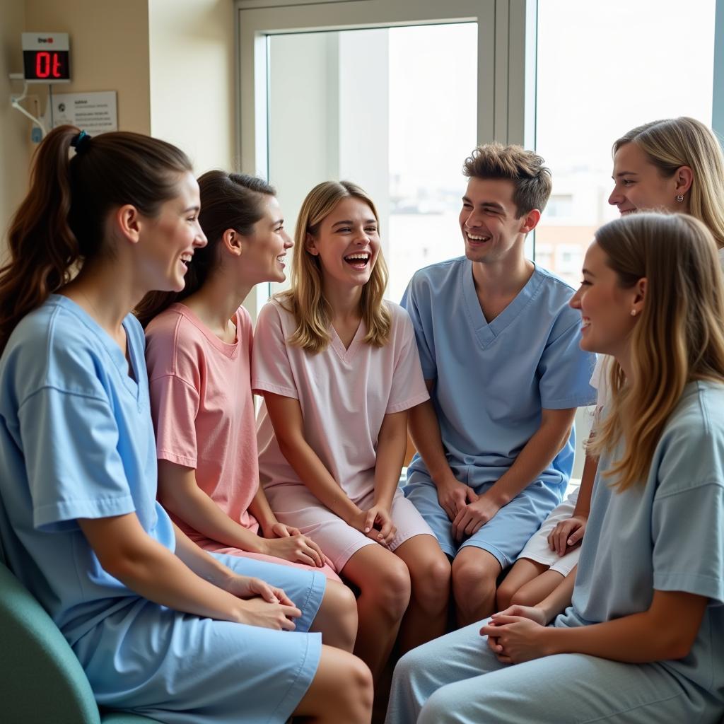 Teens laughing together in a hospital room