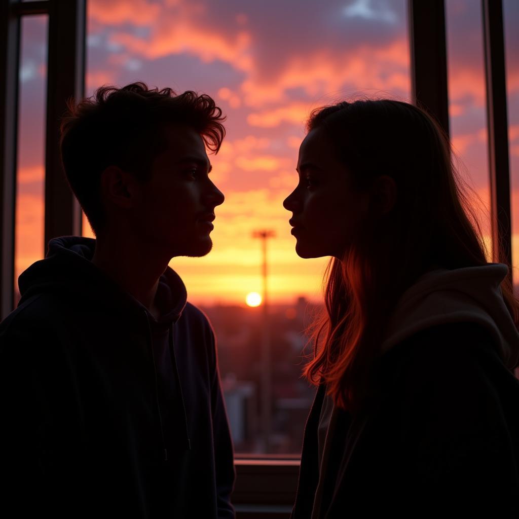 Two teenagers, a boy and a girl, are looking out of a hospital window at the sunset.