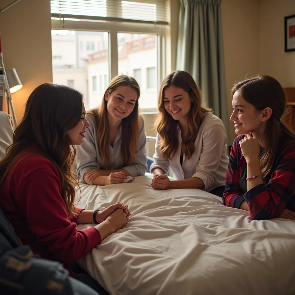 Group of teenagers laughing together in a hospital room