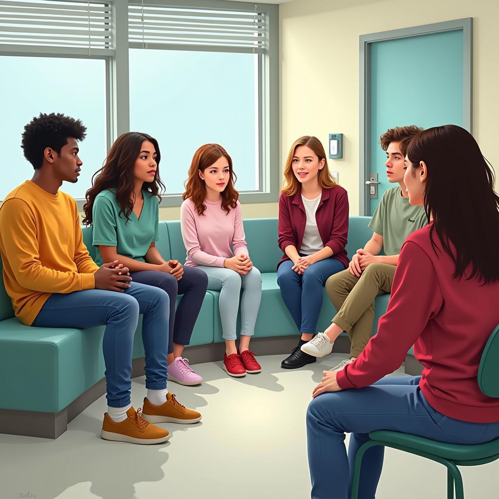 A diverse group of teenagers sitting in a circle during a support group session.