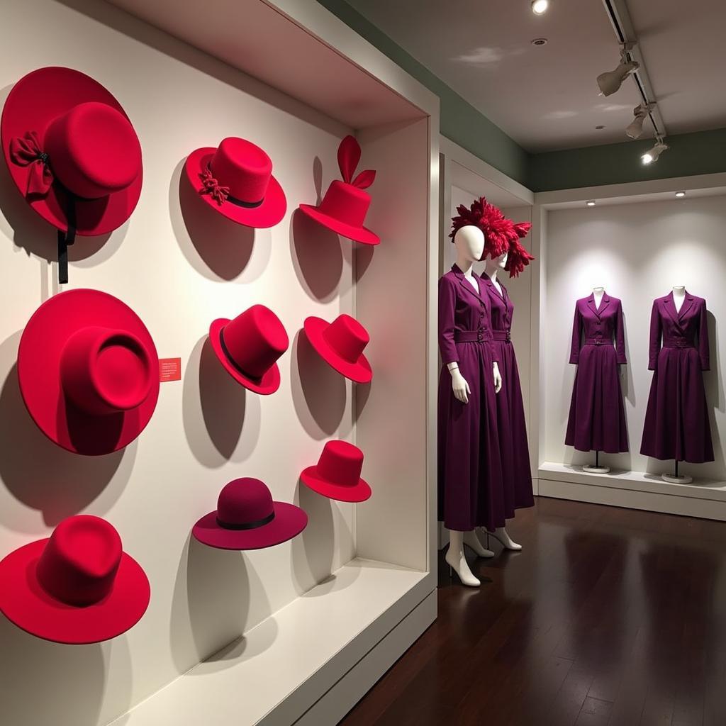 Variety of red hats and purple outfits