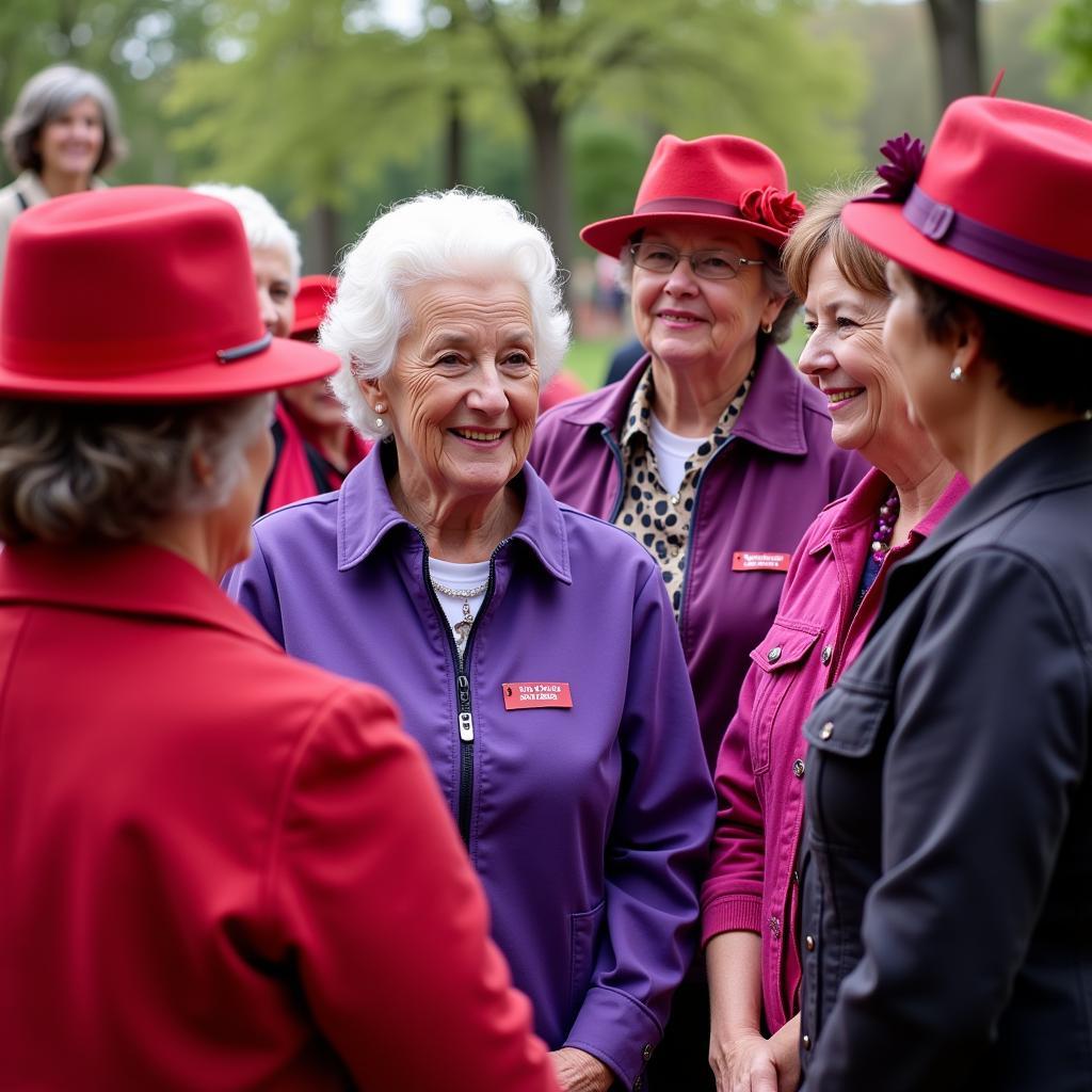 A diverse group of women in red hats and purple outfits engage in conversation.